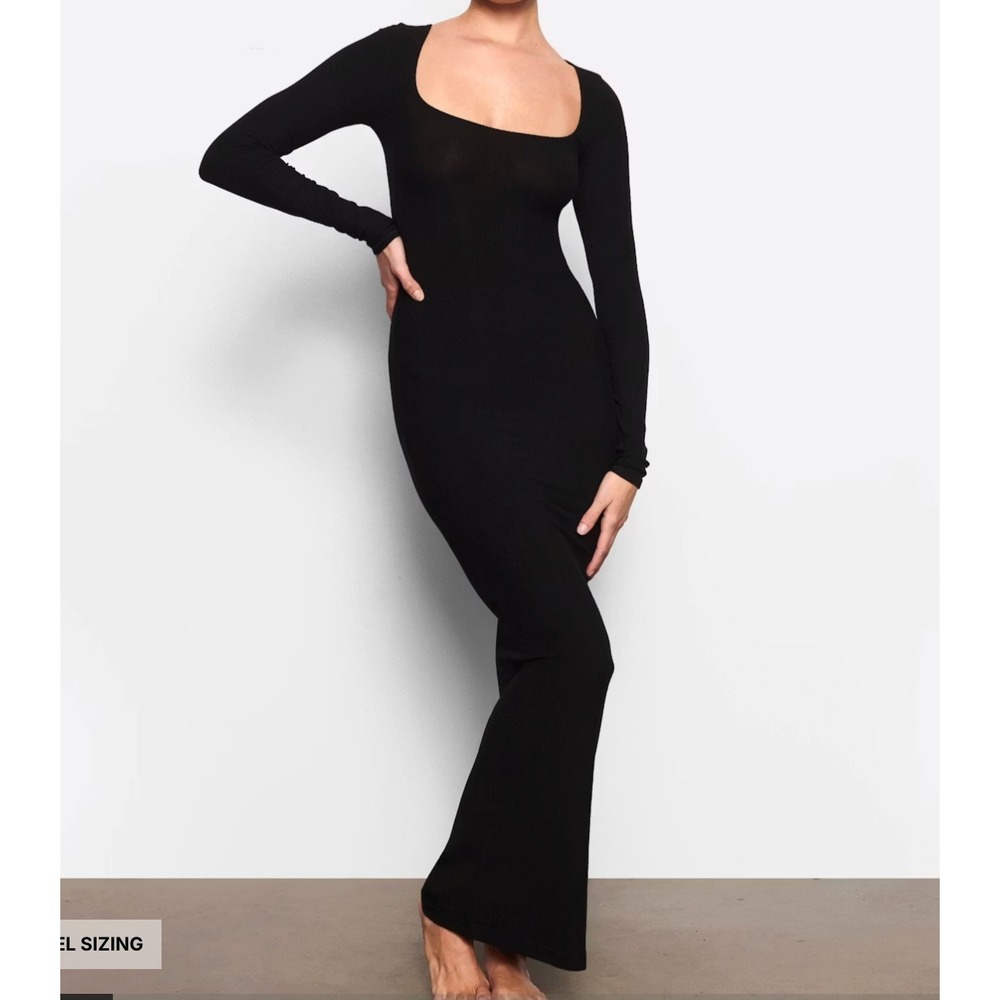 Skims Soft Lounge Long Sleeve Dress Onyx Black Ribbed Scoop Neck Maxi Small
